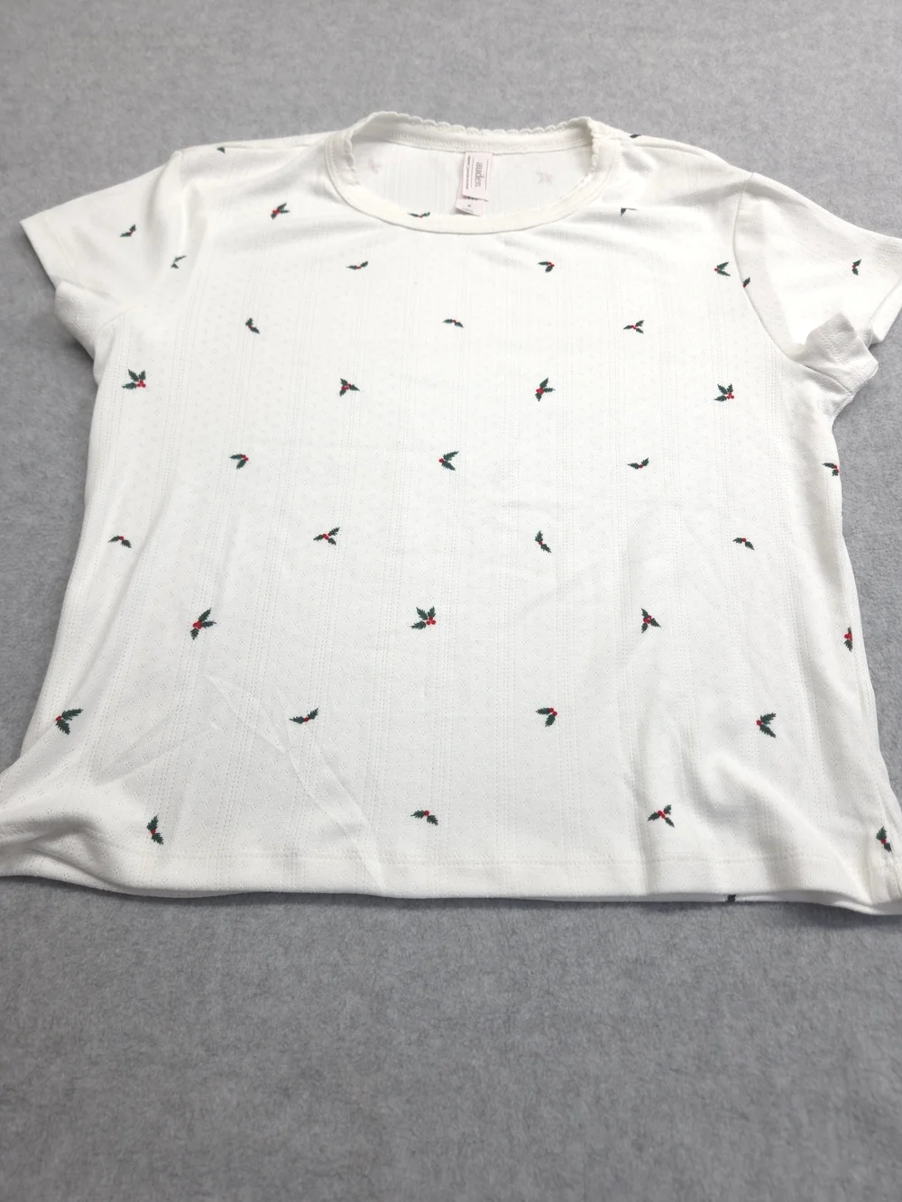 0379 Auden White Short-Sleeve Pajama Set with Tiny Red & Green Floral Motif